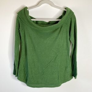BP Nordstrom Womens Off the Shoulder Blouse Sz M Green Waffle Knit 3/4 Sleeve